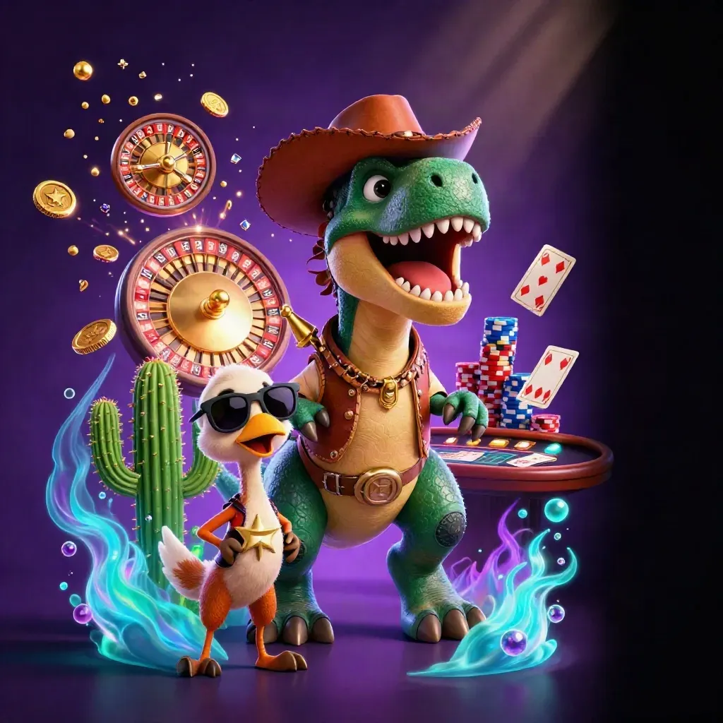 Cowboy T-Rex, cactus sidekick, and roadrunner amid casino gold, roulette, cards, and neon light