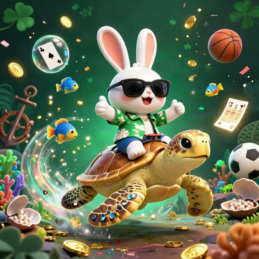 Lucky rabbit rides a gold sea turtle through a jeweled treasure cove with coins, cards, coral, and casino props.