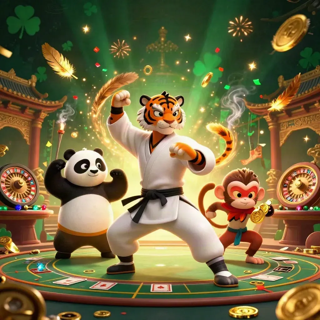 Tiger, panda, and monkey in an emerald casino scene with roulette, cards, and gold sparks.