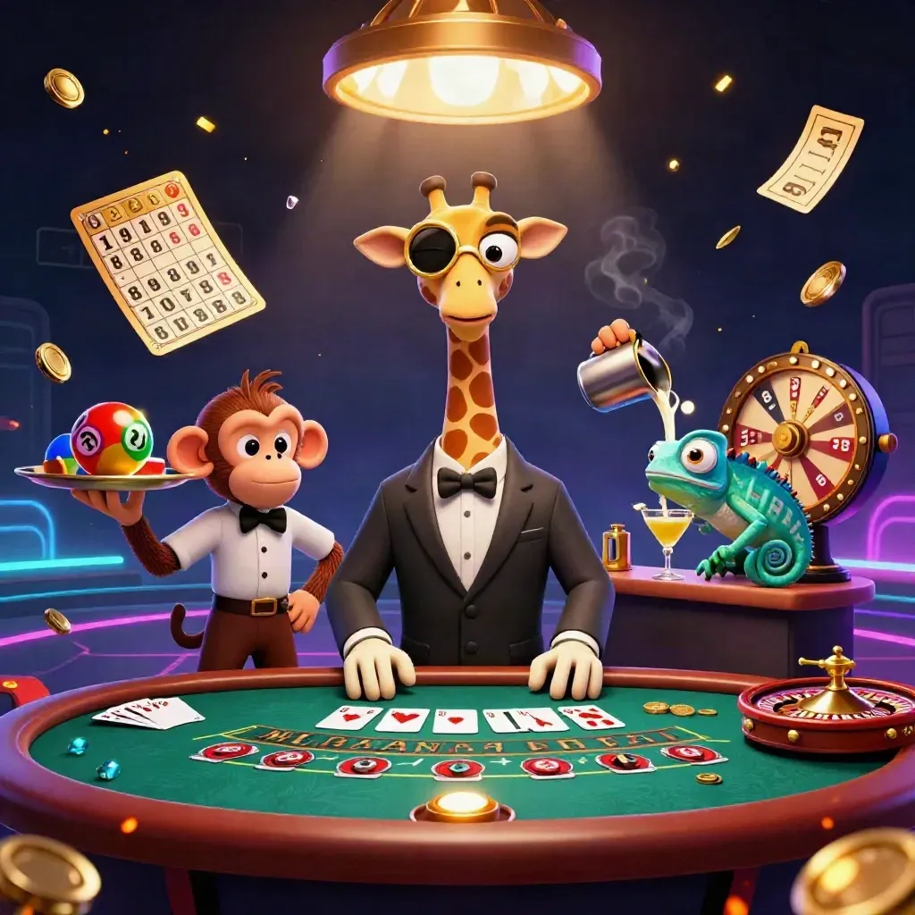 Giraffe, monkey, and chameleon at a luxe casino table with glowing game elements.