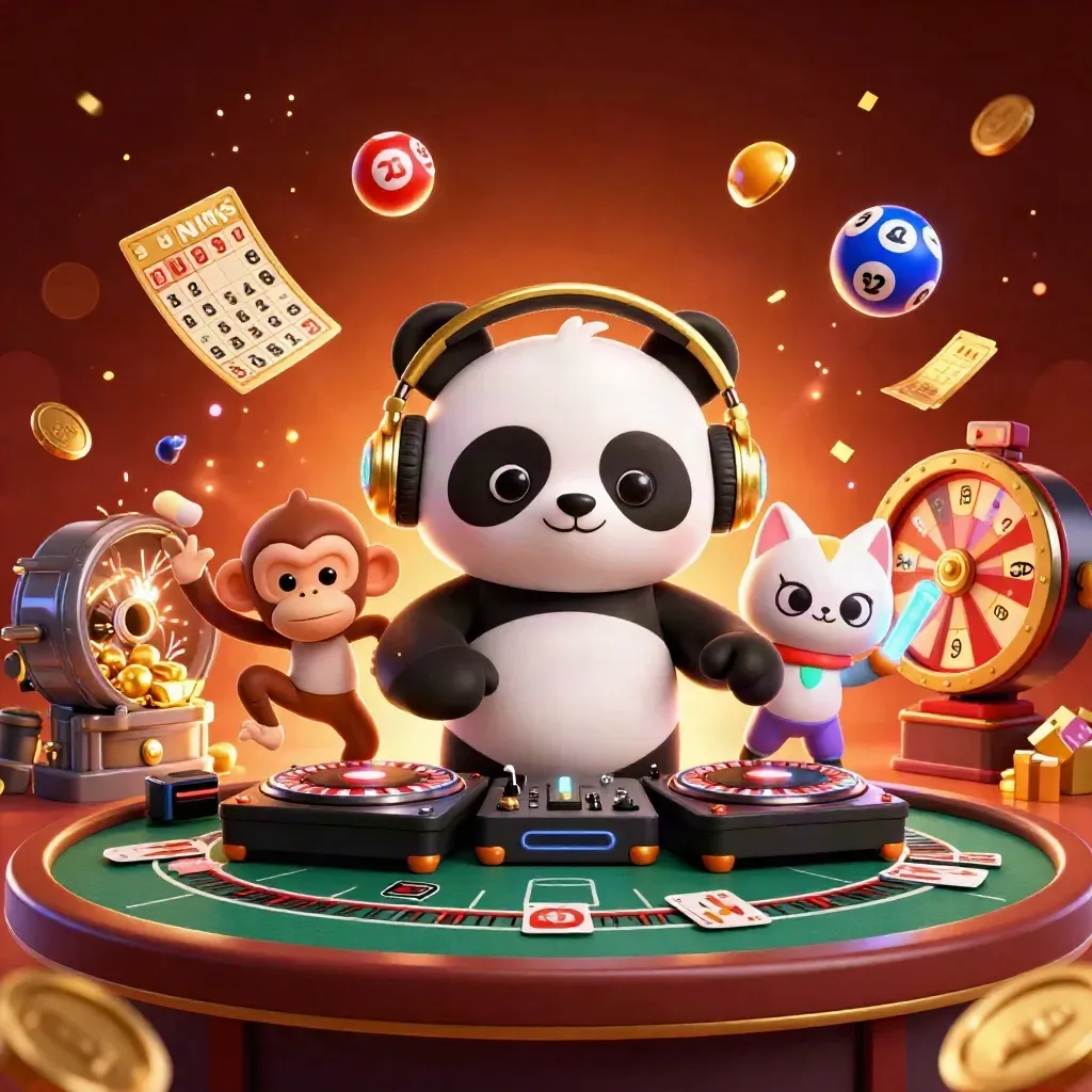 Panda DJ, dancing monkey, and glow-stick kitten amid casino coins, fireworks, and glowing lights