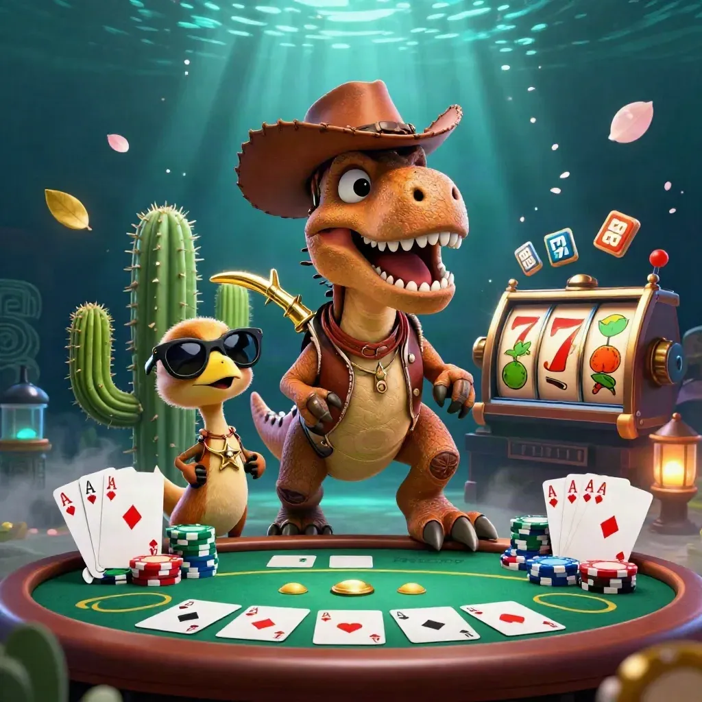 Cowboy T-Rex with cactus and roadrunner amid casino chips, cards, and glowing reels