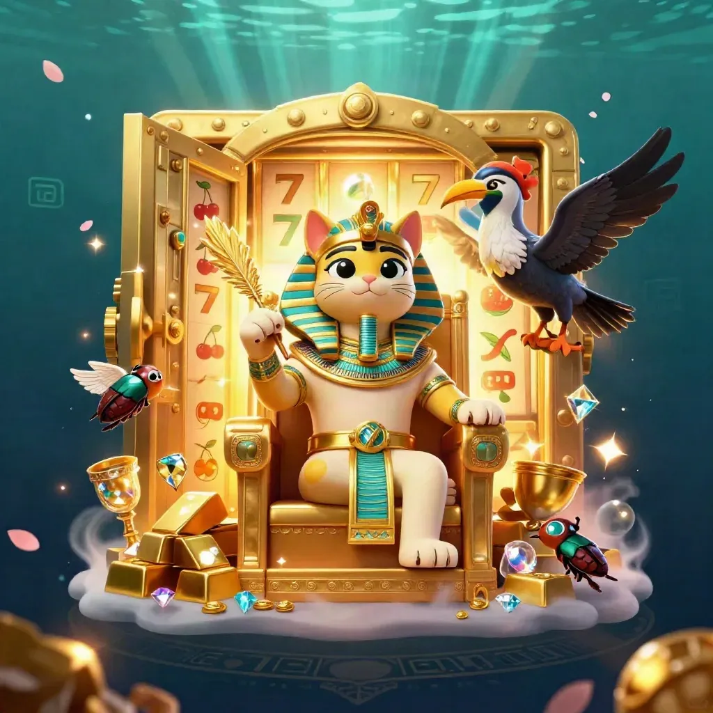 Pharaoh cat, ibis scribe and gem scarabs before a glowing vault in emerald-gold casino art.